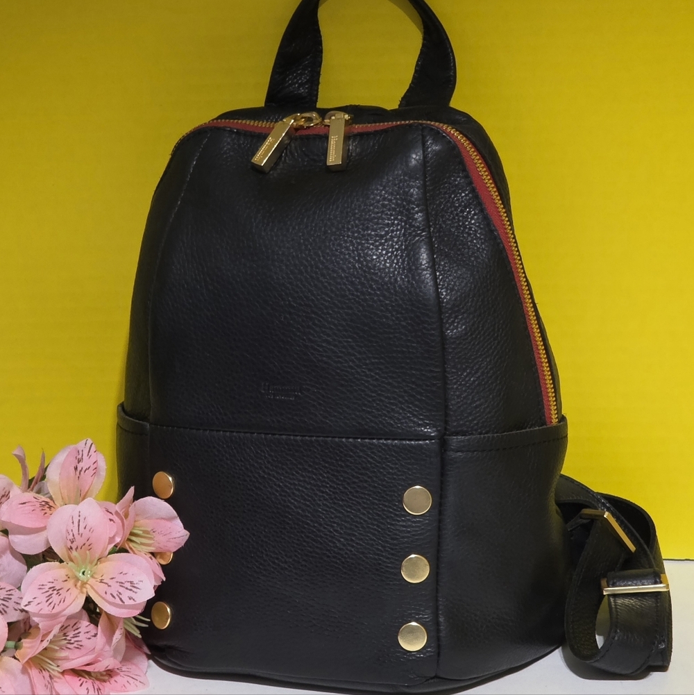 Hammitt Black Leather Backpack with Gold Hardware and Red Accent Zipper